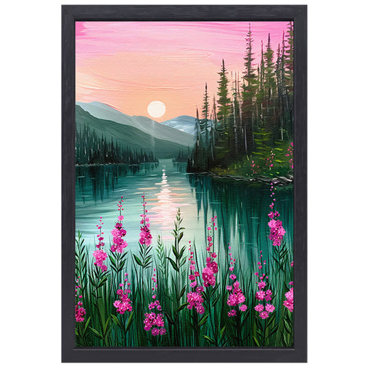 Roze zonsondergang bij rustig bergmeer met bloemen canvas met baklijst