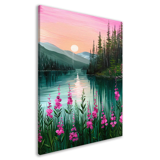 Roze zonsondergang bij rustig bergmeer met bloemen canvas