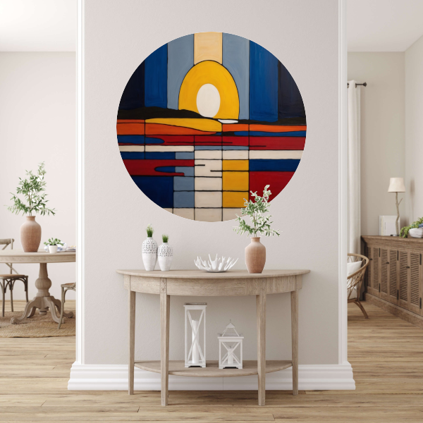 Abstracte Zonsondergang in Mondriaan Stijl aluminium muurcirkel