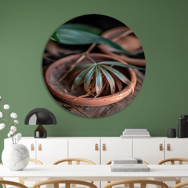 Blad in Aardewerken Pot aluminium muurcirkel