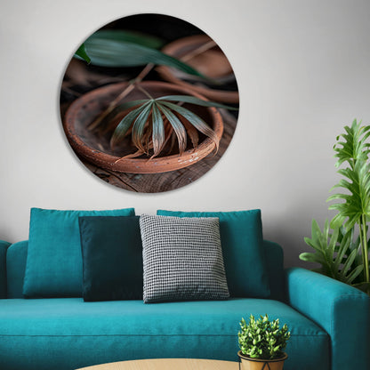 Blad in Aardewerken Pot aluminium muurcirkel