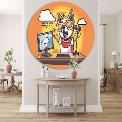 Hond achter computer met microfoon   aluminium muurcirkel