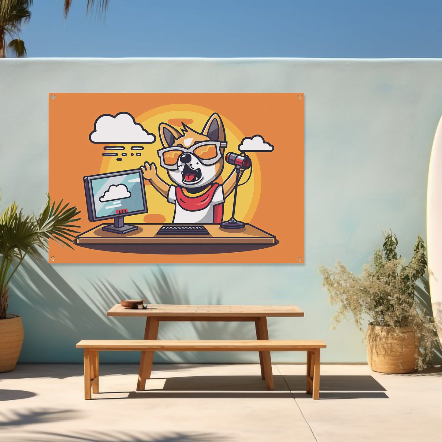 Hond achter computer met microfoon   tuinposter
