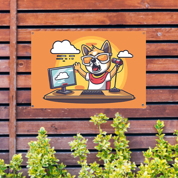 Hond achter computer met microfoon   tuinposter