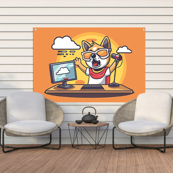 Hond achter computer met microfoon   tuinposter