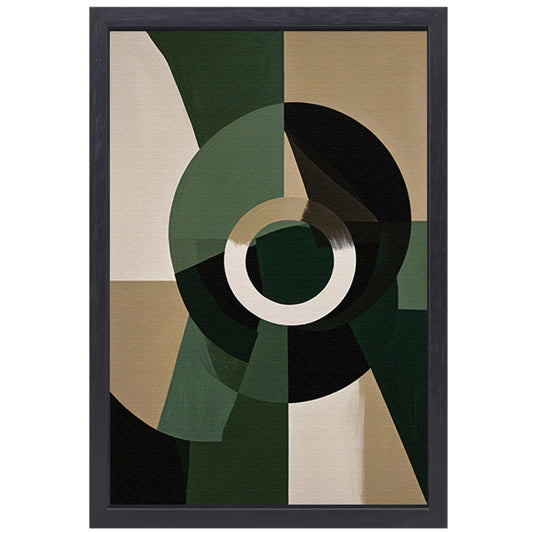 Abstracte Groen-Zwarte Vormen op Beige Achtergrond canvas met baklijst