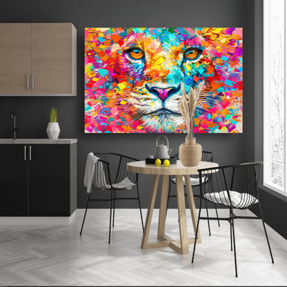 Kleurrijke en surrealistische leeuwenillustratie canvas met baklijst
