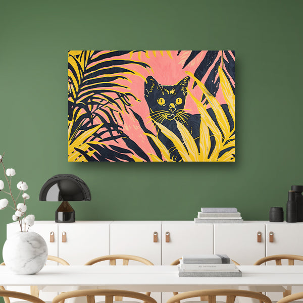 Kat tussen kleurrijke planten in popartstijl canvas met baklijst