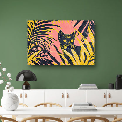 Kat tussen kleurrijke planten in popartstijl poster