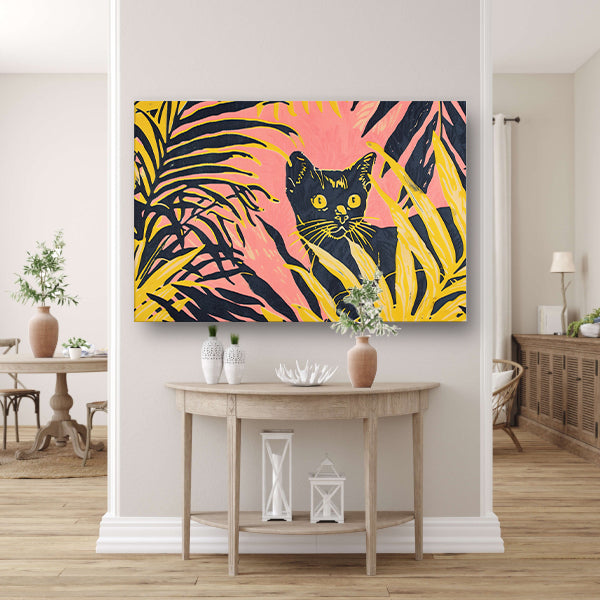 Kat tussen kleurrijke planten in popartstijl poster