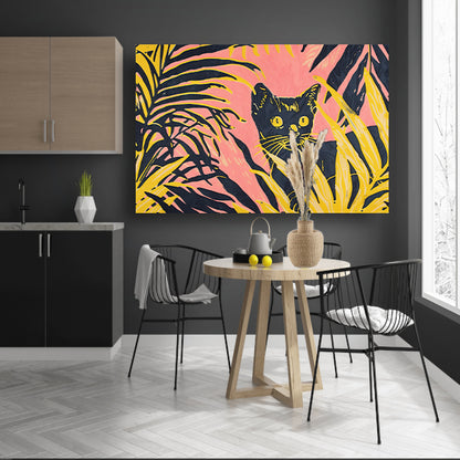 Kat tussen kleurrijke planten in popartstijl poster