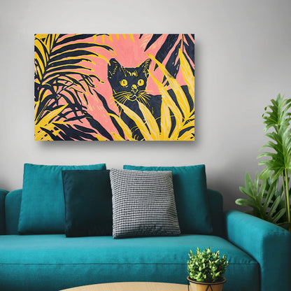 Kat tussen kleurrijke planten in popartstijl poster