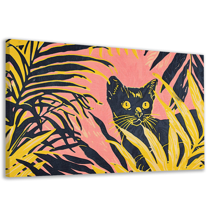 Kat tussen kleurrijke planten in popartstijl canvas