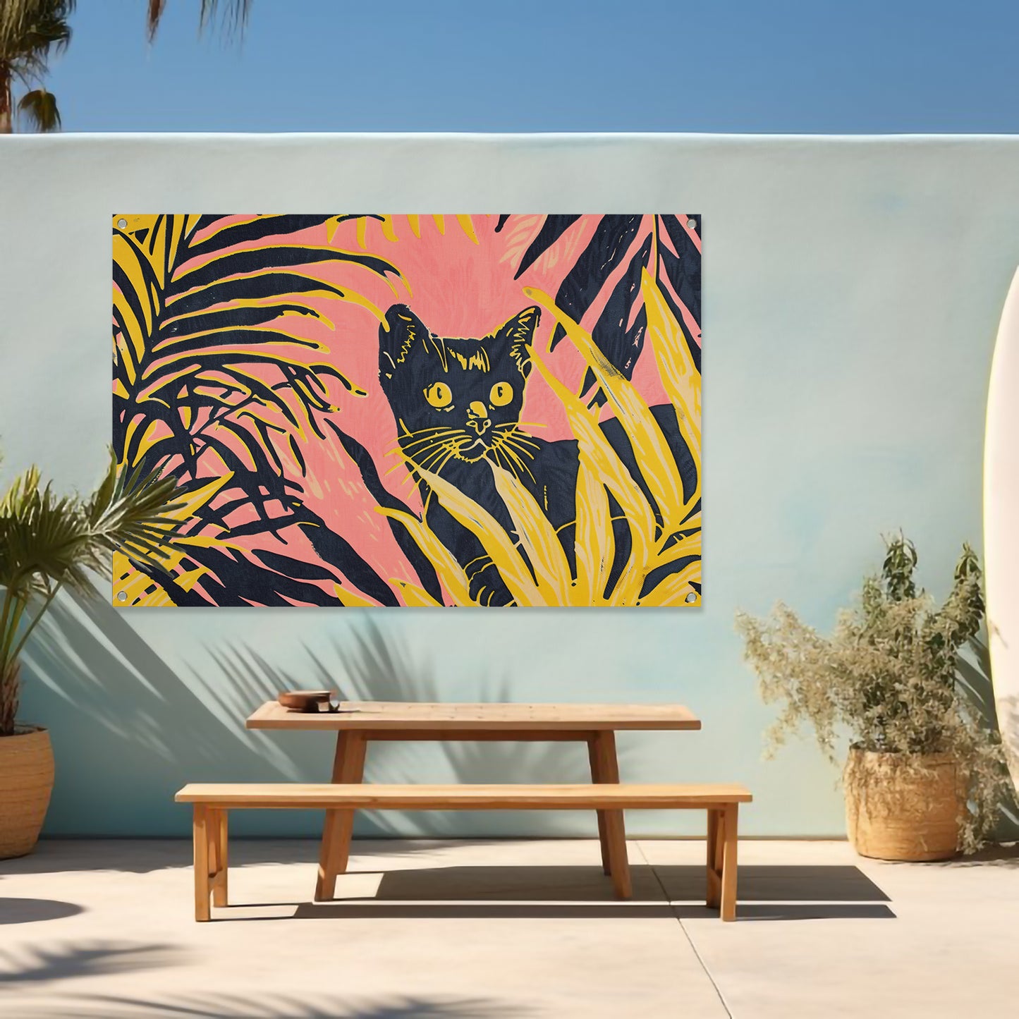 Kat tussen kleurrijke planten in popartstijl tuinposter