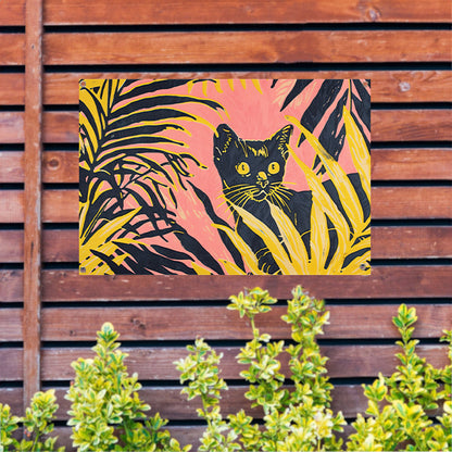 Kat tussen kleurrijke planten in popartstijl tuinposter
