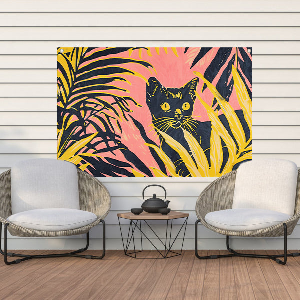 Kat tussen kleurrijke planten in popartstijl tuinposter