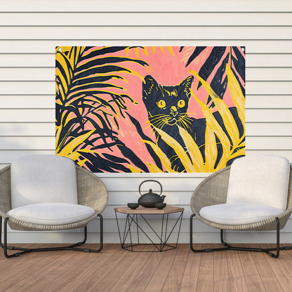Kat tussen kleurrijke planten in popartstijl tuinposter