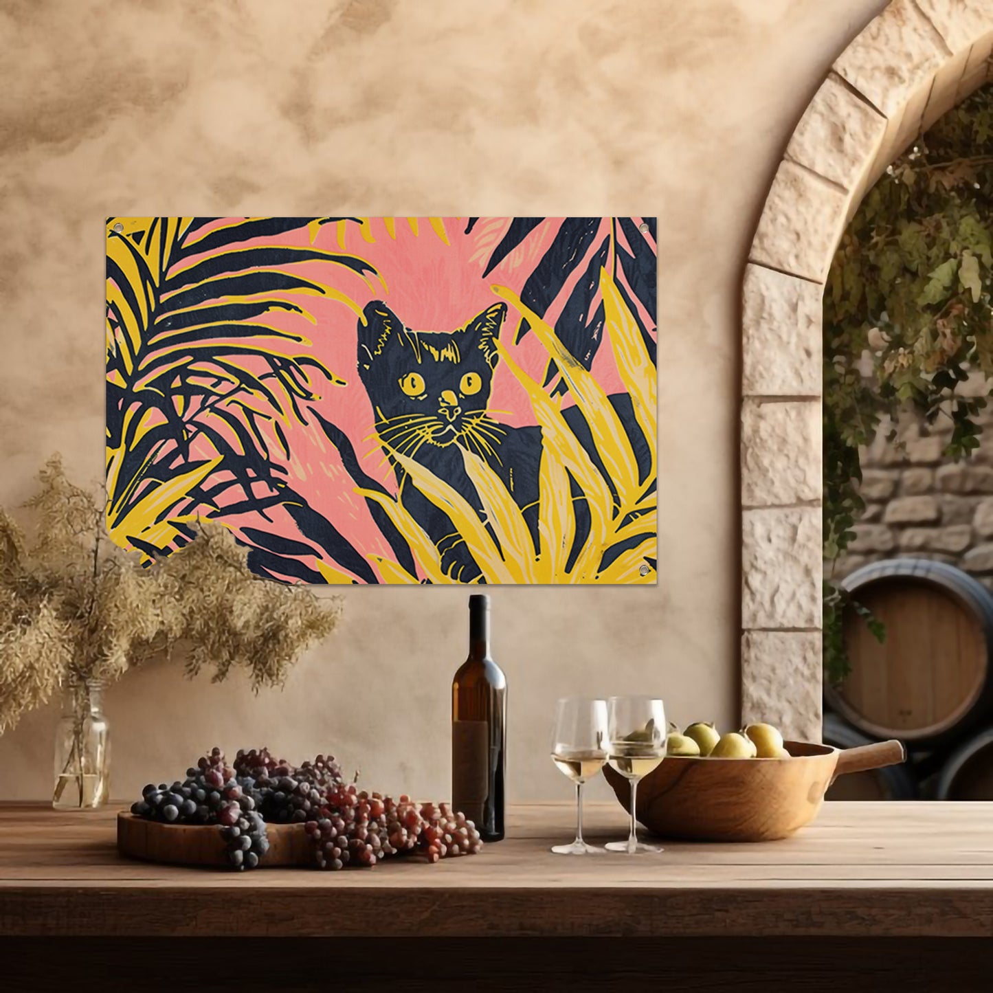 Kat tussen kleurrijke planten in popartstijl tuinposter