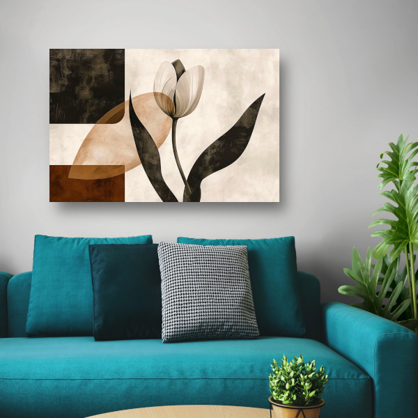 Sepia Tulp met Art Deco Invloeden canvas met baklijst