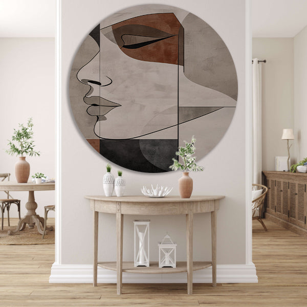 Abstract Portret in Monochrome Beige en Bruin aluminium muurcirkel