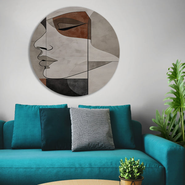 Abstract Portret in Monochrome Beige en Bruin aluminium muurcirkel