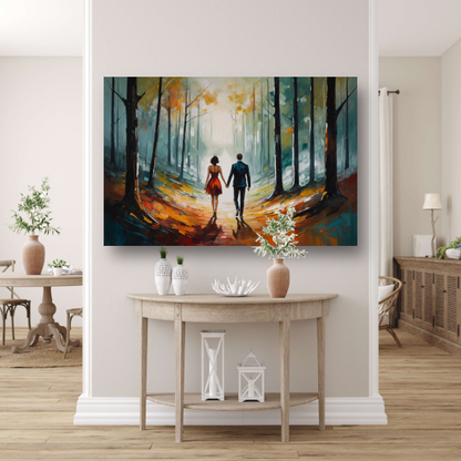 Romantische wandeling in abstract bos poster
