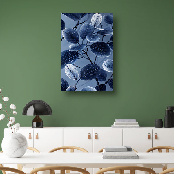 Blauwe en zwarte bladeren in minimalistische stijl canvas met baklijst