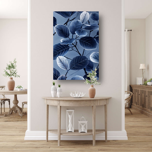 Blauwe en zwarte bladeren in minimalistische stijl canvas met baklijst