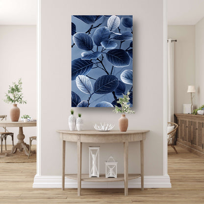 Blauwe en zwarte bladeren in minimalistische stijl canvas met baklijst