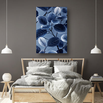 Blauwe en zwarte bladeren in minimalistische stijl canvas met baklijst