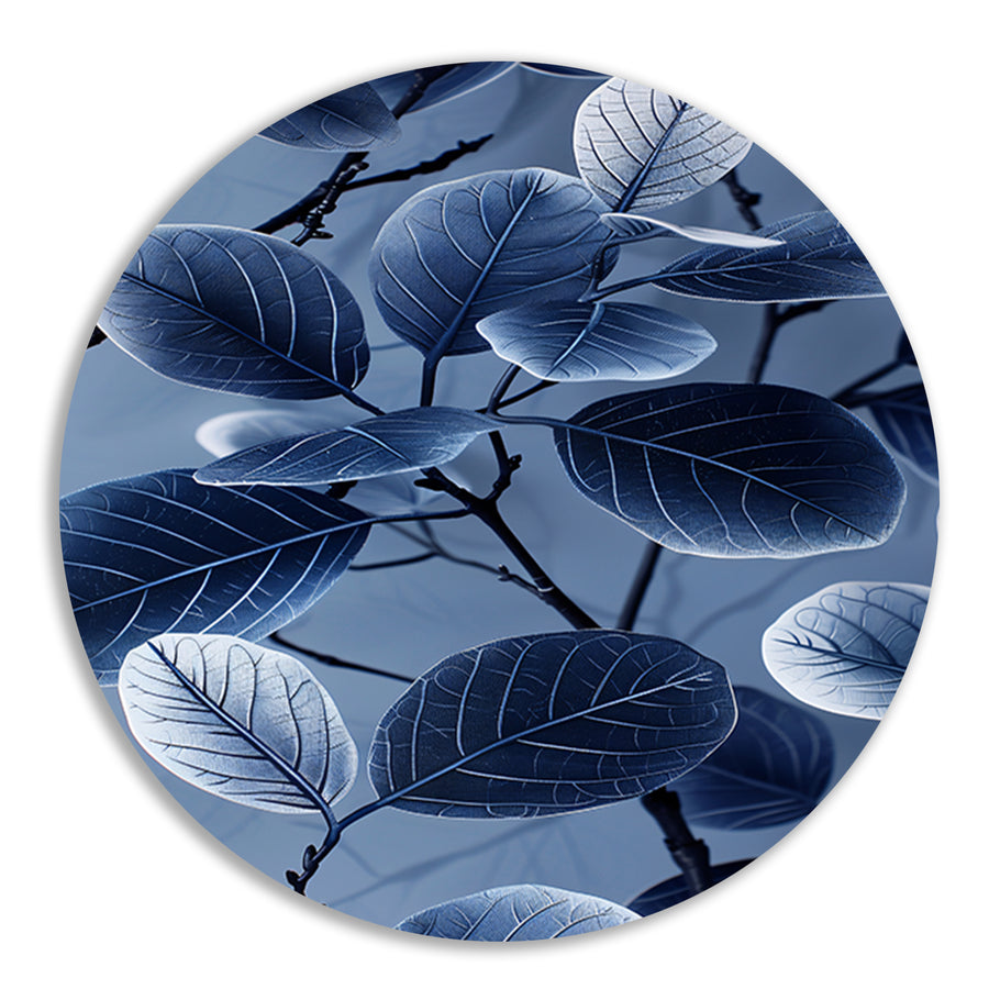 Blauwe en zwarte bladeren in minimalistische stijl aluminium muurcirkel