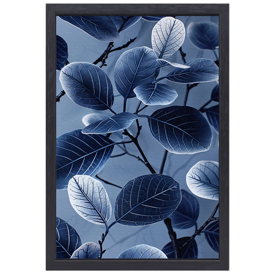 Blauwe en zwarte bladeren in minimalistische stijl canvas met baklijst