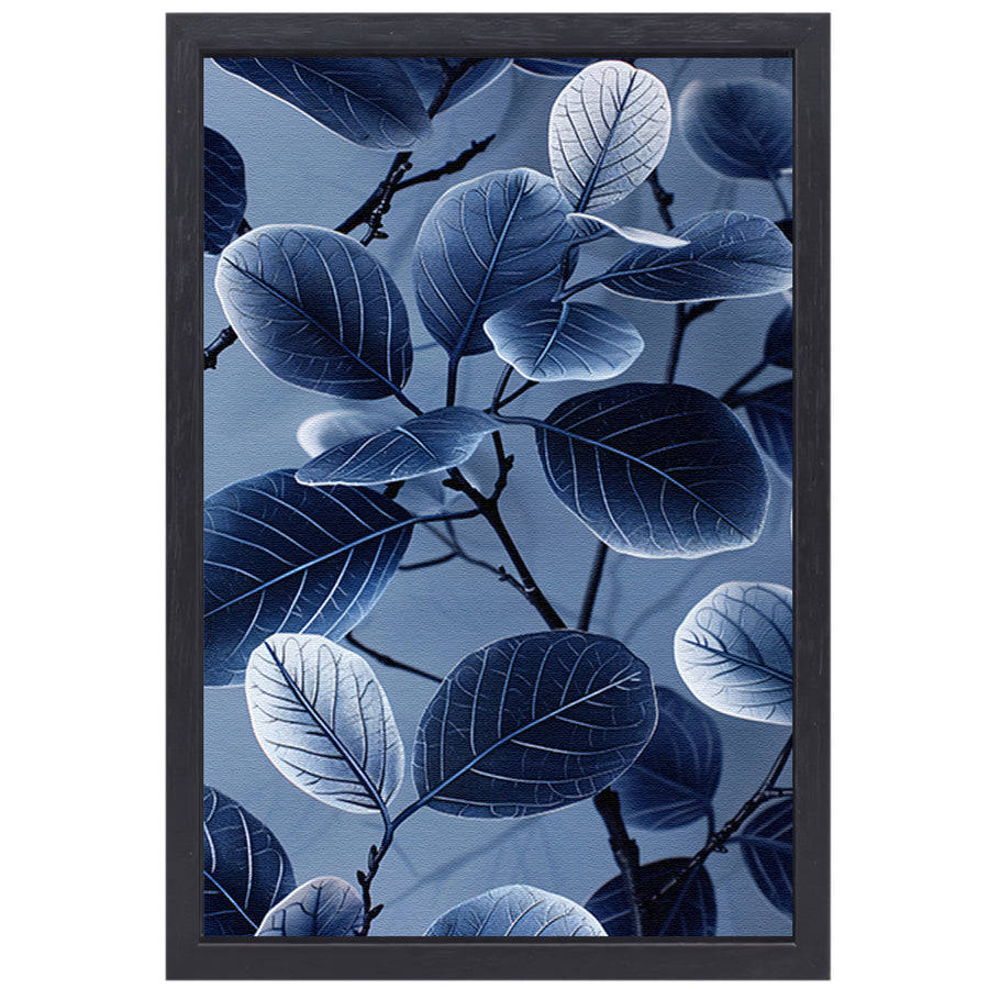 Blauwe en zwarte bladeren in minimalistische stijl canvas met baklijst