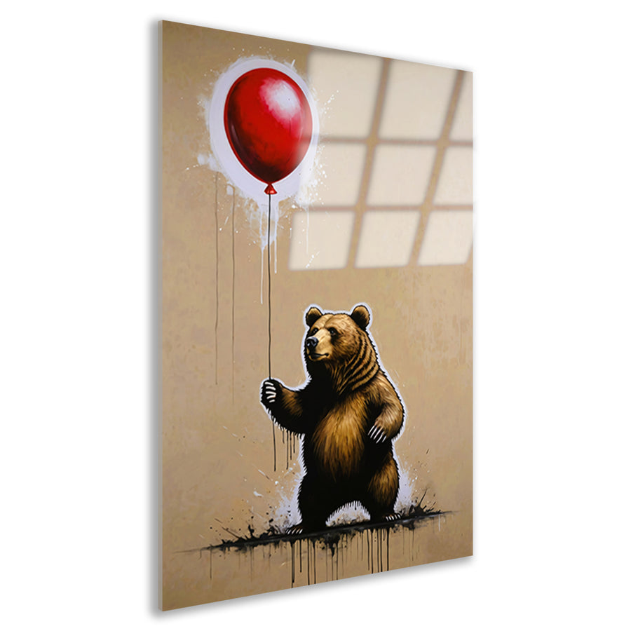 Bruine beer houdt een glanzende rode ballon vast acrylglas