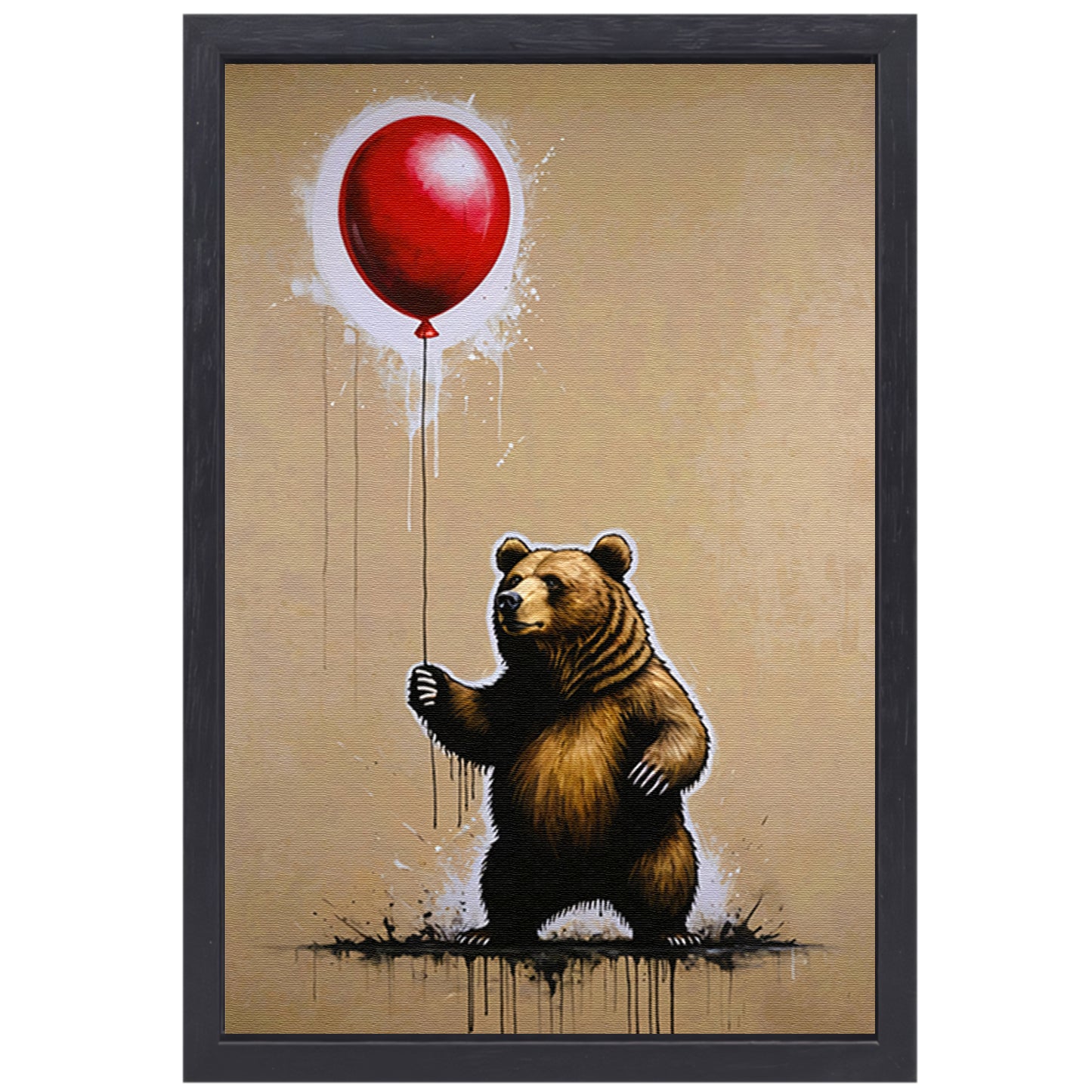 Bruine beer houdt een glanzende rode ballon vast canvas met baklijst
