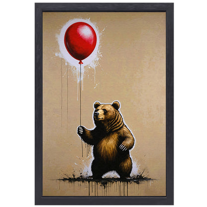 Bruine beer houdt een glanzende rode ballon vast canvas met baklijst