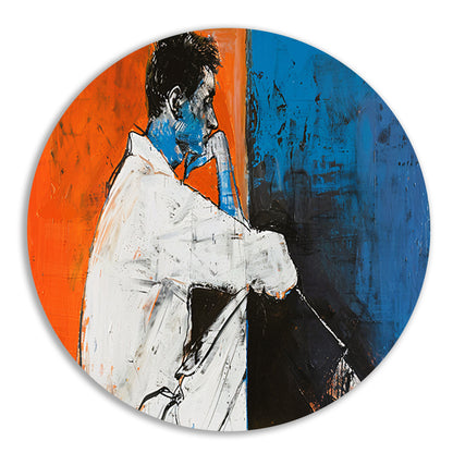Abstract schilderij van denkende man aluminium muurcirkel