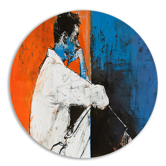 Abstract schilderij van denkende man aluminium muurcirkel