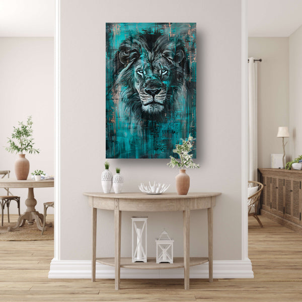 Realistisch schilderij van een majestueuze leeuw canvas met baklijst