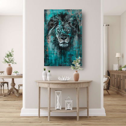 Realistisch schilderij van een majestueuze leeuw poster