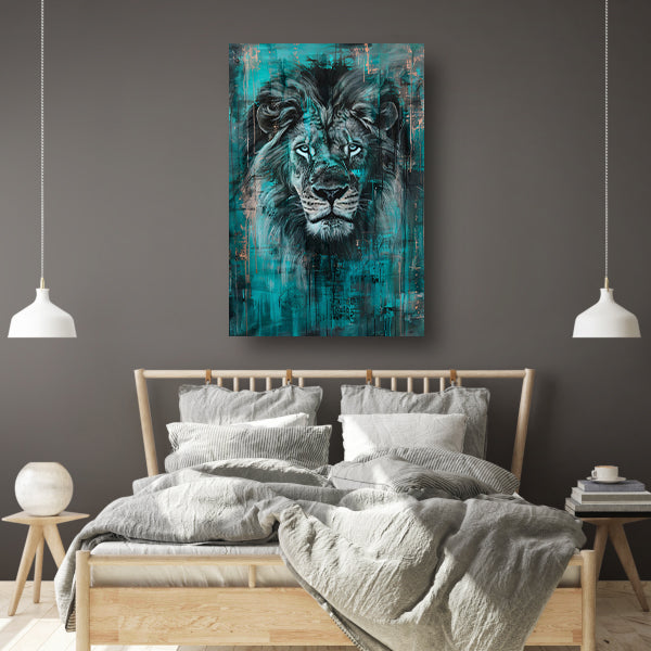Realistisch schilderij van een majestueuze leeuw poster