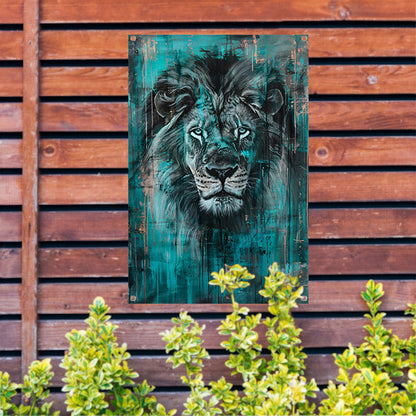 Realistisch schilderij van een majestueuze leeuw tuinposter