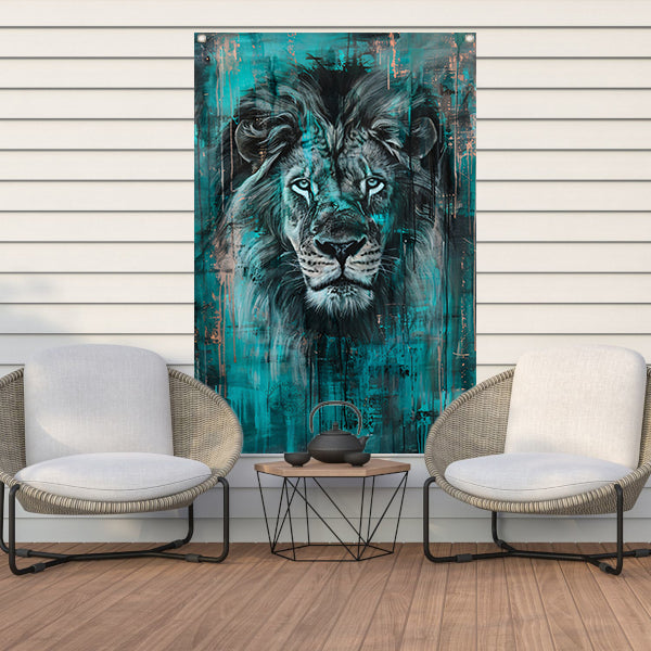 Realistisch schilderij van een majestueuze leeuw tuinposter
