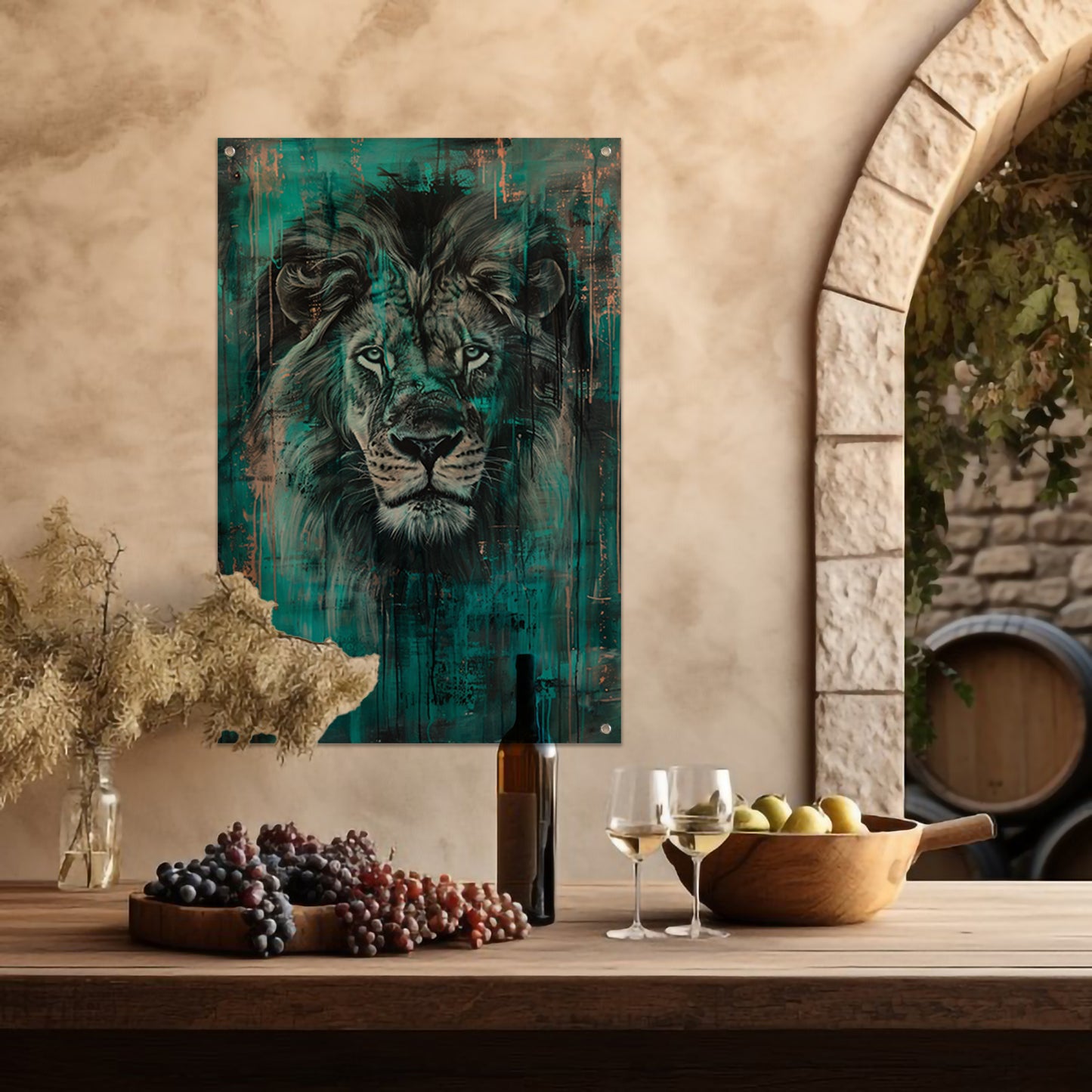 Realistisch schilderij van een majestueuze leeuw tuinposter