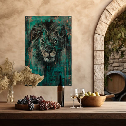 Realistisch schilderij van een majestueuze leeuw tuinposter