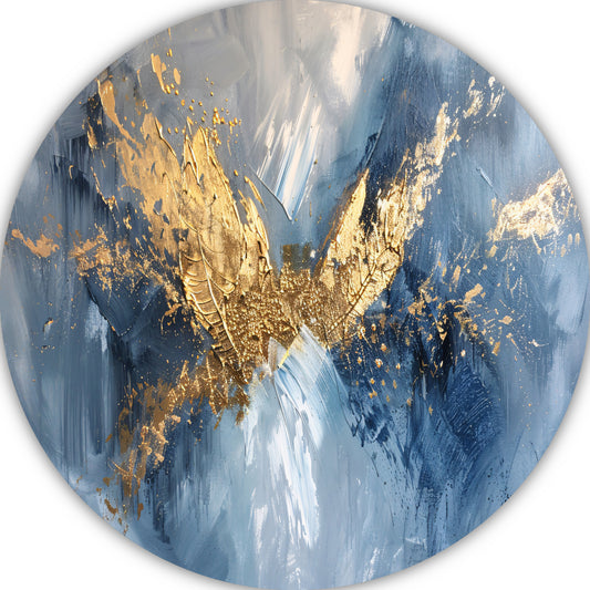 Dynamische abstracte gouden vleugels op blauw aluminium muurcirkel