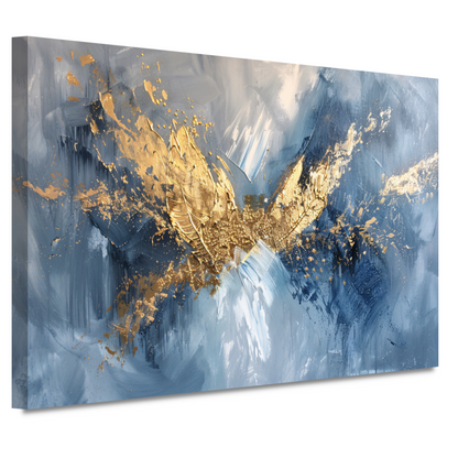 Dynamische abstracte gouden vleugels op blauw canvas
