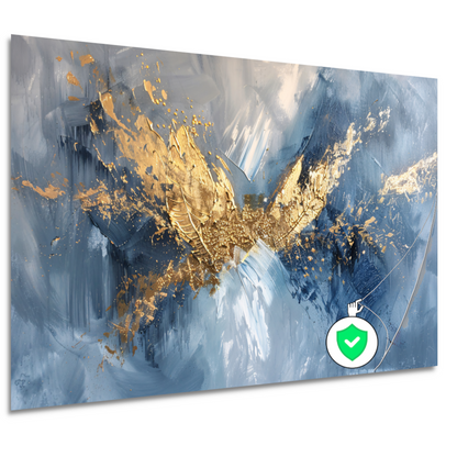 Dynamische abstracte gouden vleugels op blauw poster