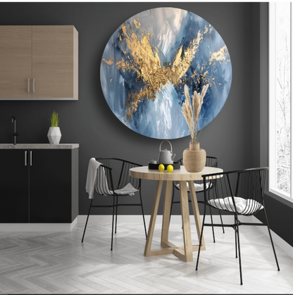 Dynamische abstracte gouden vleugels op blauw forex muurcirkel