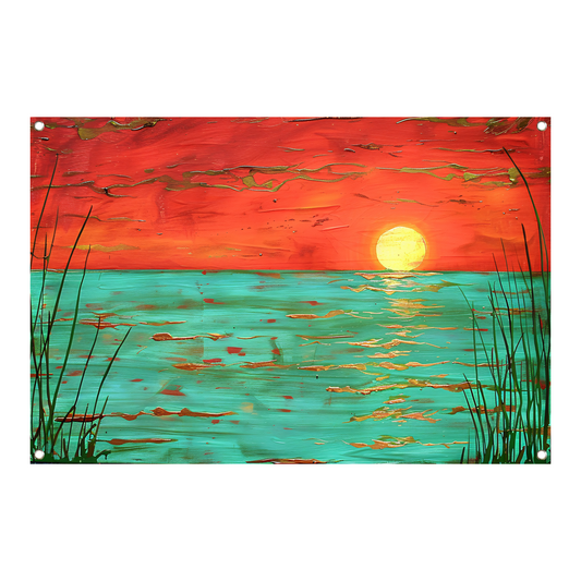 Kleurrijke zonsondergang boven kalm water schilderij tuinposter